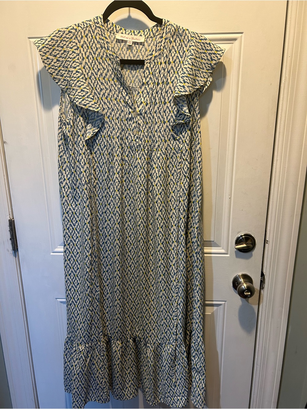 Meet me in Santorini Flowy Blue Patterned Ruffle-Sleeve Maxi Dress
